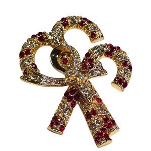 Monet Brooch Candy Cane Signed Rhinestones Gold Tone Christmas Holiday Elegant